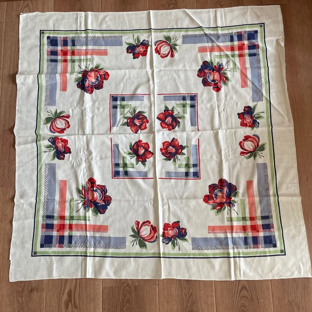 VTG Tablecloth Red Blue Floral Handkerchief Pattern Picnic 1950s Square 49 x 49
